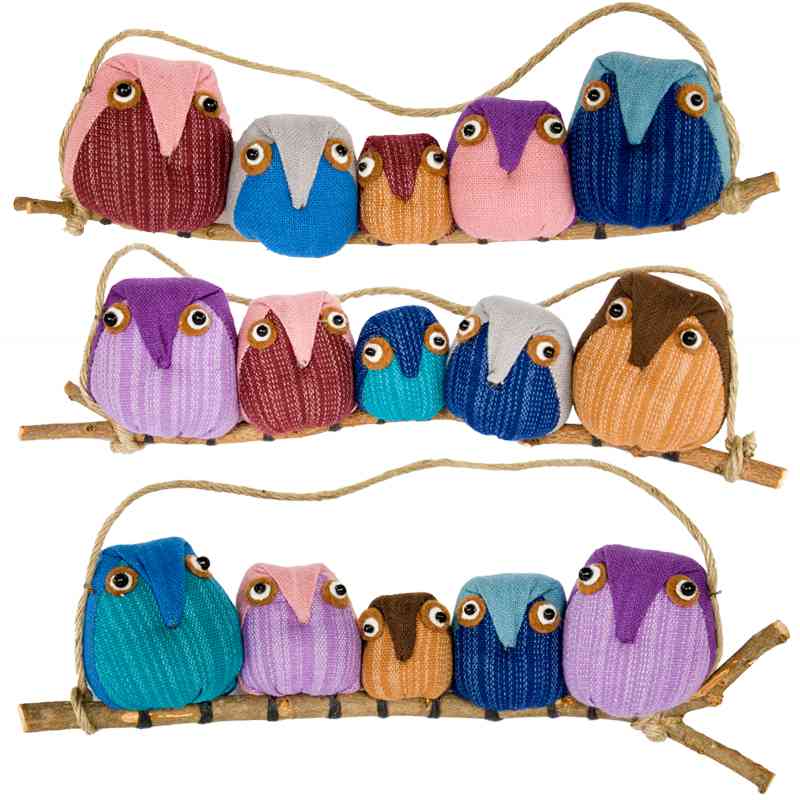 Family of Five Owl Ornaments - Contrasting Fabrics